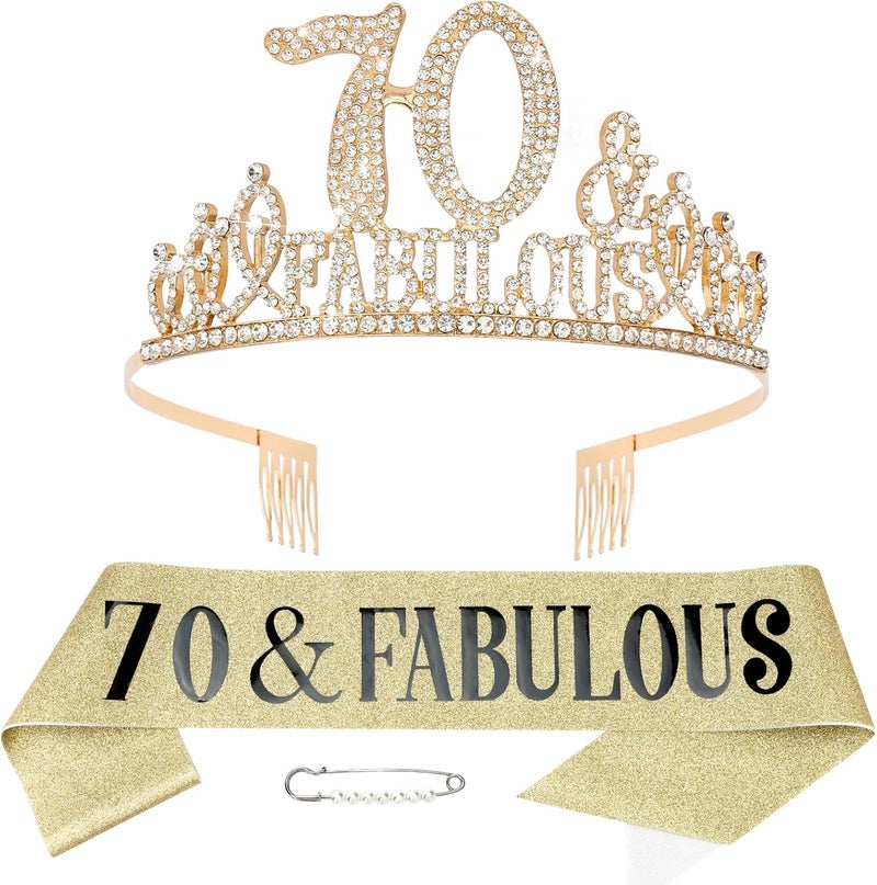 Hapdoo 70th Birthday Decorations for Women, 70th Birthday Sash and Tiara, Happy 70 and Fabulous Decorations Birthday Crown for Women - Image 1